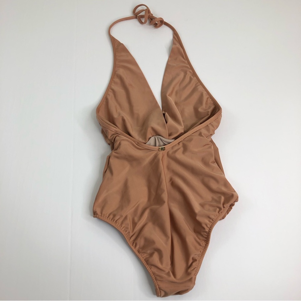 Sculpting Halter One-Piece Swimsuit in Warm Tan - Picture 4 of 16